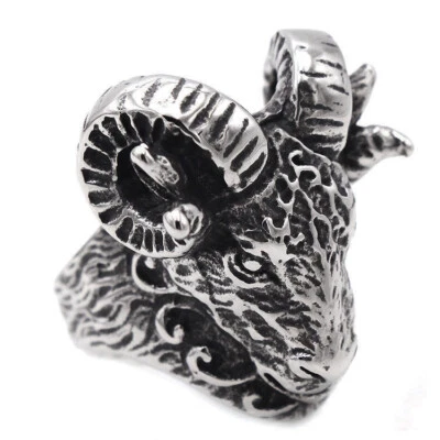 Vintage Men's Horn Goat Head Ring Stainless Steel Gothic Biker Heavy Ram Ring - Image 1 of 4