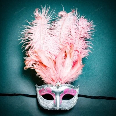Venetian Silver Pink Masquerade Mask Show Girl Ostrich Feather Eye Mask Costume - Image 1 of 4