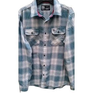 Three Sixty Six 366 Mens Teal/White Plaid Long Sleeve Shirt Large Button-Up EUC - Picture 1 of 2