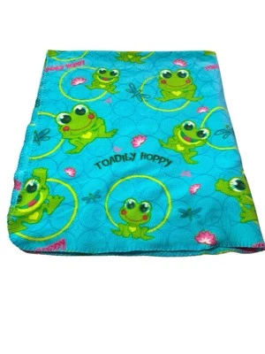 Vtg Y2K Frog Fleece Blanket Blue Green TOADILY HOPPY 46x56” - Image 1 of 4