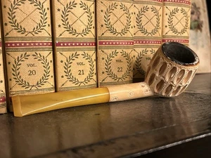 Pipa vintage intagliata a mano blocco schiuma di mare design reticolo stelo ambra tenuta - Foto 1 di 9