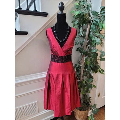 Vestido Jones New York Mujer Talla 16 Rojo Seda Encaje Cintura Sin Mangas Formal Foto 1 de 4