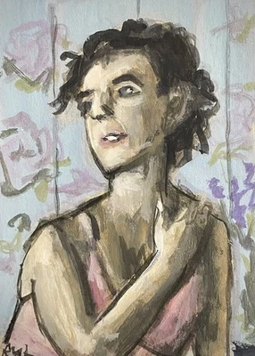 ACEO Original Painting Woman Portrait 2x5x3.5in Art Card Gouache On Paper OOAK - Image 1 of 4