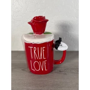 Rae Dunn Red TRUE LOVE Mug W/ Rose Topper Disney Princess Beauty & The Beast New - Picture 1 of 6