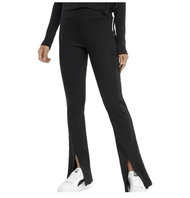 Puma Classics Womens Black Ribbed Wide Leg Slit Pull On Pants Size Large - Image 1 of 4