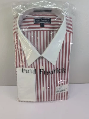 NIP Paul Frederick Red Stripe Non Iron 2 Ply Cotton Pinpoint  Dress Shirt 18.5 - Image 1 of 4