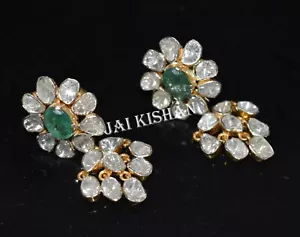 Smaragd Edelstein Uncut Polki Diamant 925 Sterlingsilber Lang Ohrring Schmuck - Bild 1 von 7