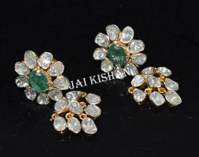 Unschliffene Polki-Diamant-Ohrringe Aus 925 Sterling Silber Mit Smaragd Schmuck - Bild 1 von 4