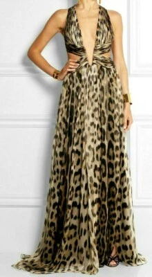 Nuevo $6,395 Roberto Cavalli Leopardo Recorte Largo Maxi Vestido Seda US 6 8 IT 44 Foto 1 de 4