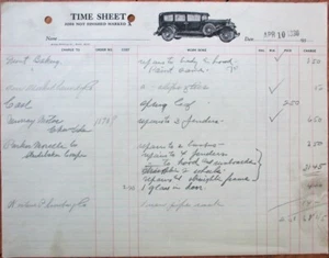 Hoja de tiempo/documento de reparación de automóviles Butte, MT 1936 con viñeta de automóvil - Montana - Imagen 1 de 1