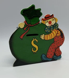 Vintage Wood Box Clown Piggy Bank Money Bag Happy Clown Hugging Bag 6" x 5.75" - Picture 1 of 7