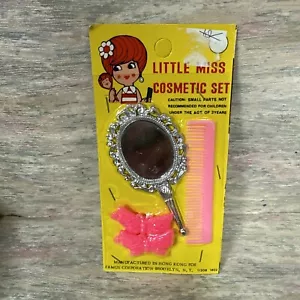 Vintage 1960's Little Miss Cosmetic Set Comb Mirror 2 Pink Butterfly Barrettes - Picture 1 of 4