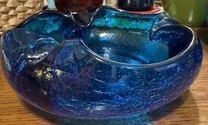 Vintage Viking Crackled Blue Glass Scalloped Cigar Bowl. 9”by 9”. 4” - Picture 1 of 16