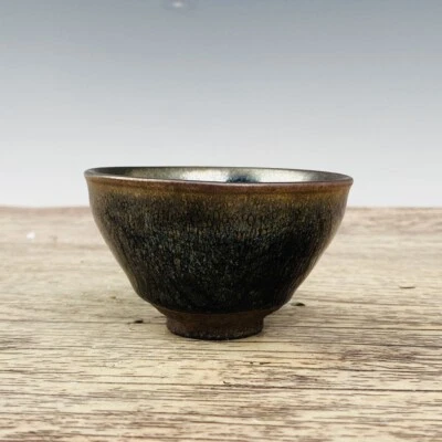 Taza de té jian horno de porcelana antigua china de 3,7" dinastía Song esmalte negro jianzhan Foto 1 de 4