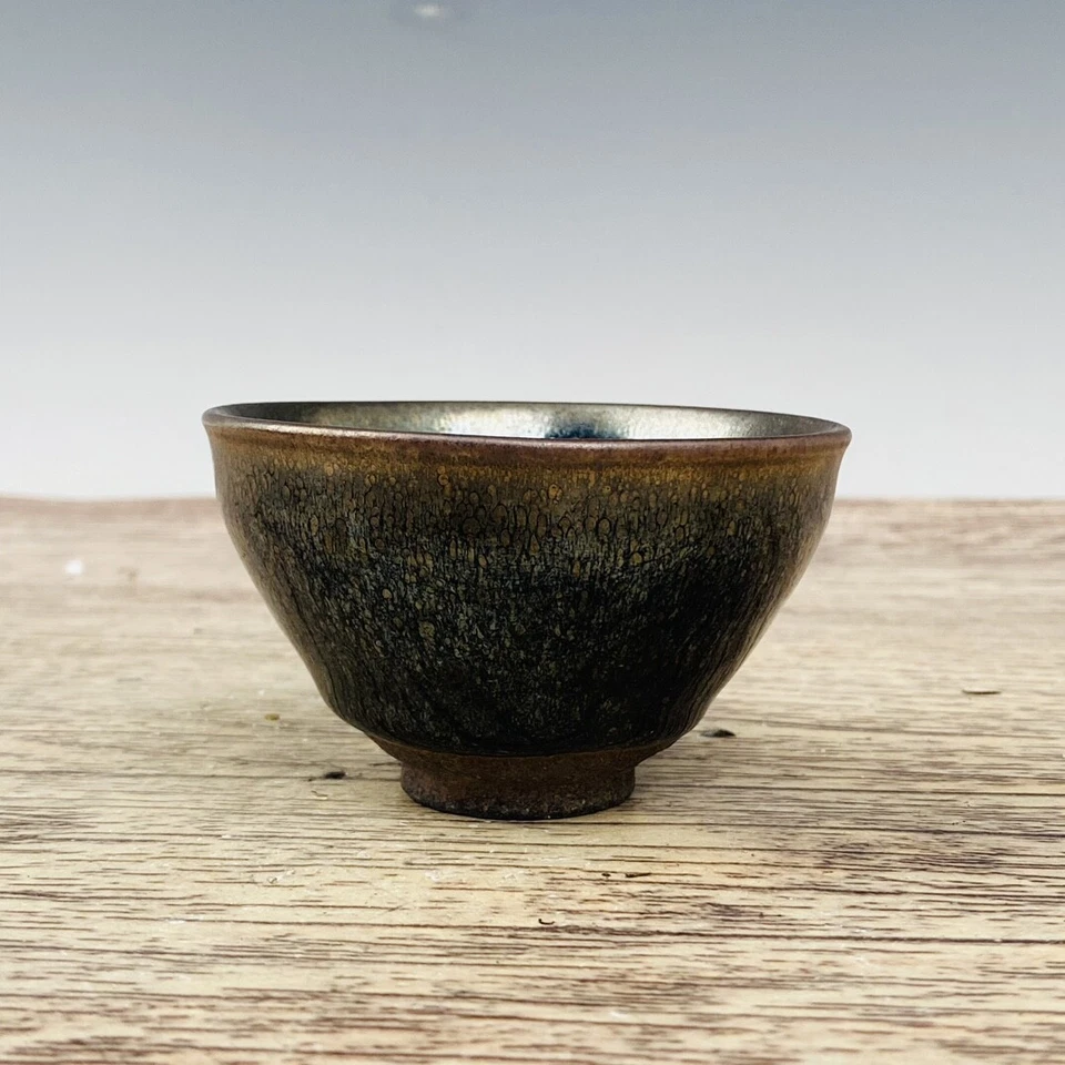 Taza de té jian horno de porcelana antigua china de 3,7" dinastía Song esmalte negro jianzhan Foto 1 de 4
