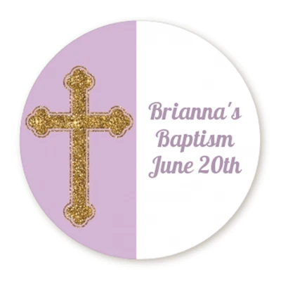 Gold Glitter Lavender Cross -  Round Personalized Baptism Christening Sticker  - Image 1 of 2