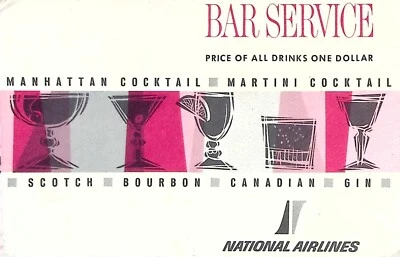 Menú de servicio de bar National Airlines vintage - cócteles de mediados de siglo - bebidas de $1 Foto 1 de 3
