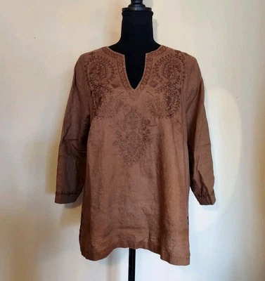 Top túnica Richard Malcolm 100 % lino irlandés marrón bordado cuello en V boho 1X Foto 1 de 4
