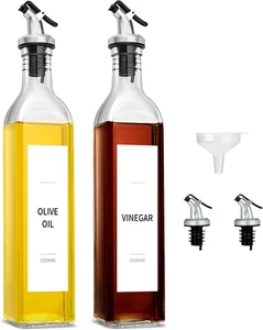 Oil and Vinegar Dispenser Bottle Set 2 Pack 17Oz Clear Glass Cruet with Funnel. - Picture 1 of 11