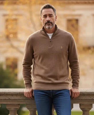 Polo Ralph Lauren 男式棕色/骆驼四分之一拉链针织毛衣保暖分层 Lg — 第 1/4 张图片