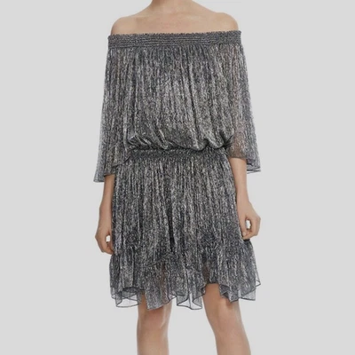Halston Heritage Metallic Silver Off the Shoulder Pleated Mini Dress Ruffles XS - Image 1 of 4