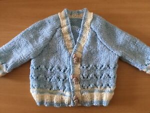 New Hand Knitted Baby Boys Cardigan  In Blue And Cream Yarn 3-6 Months