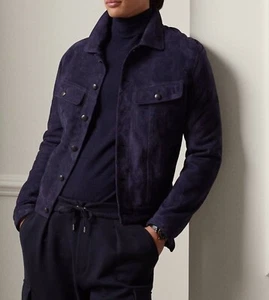 Men's Navy Blue Suede Leather Shirt 100% Pure Lambskin Casual Wear Suede Shirt - Picture 1 of 6