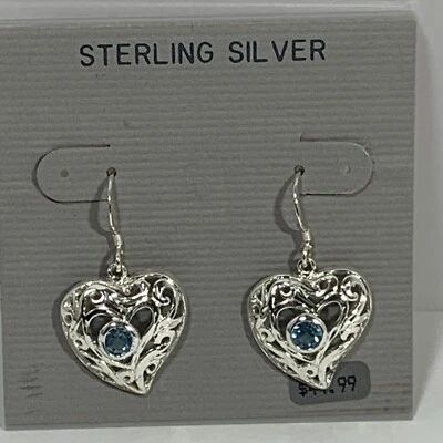 NUEVO Pendientes colgantes de plata esterlina con corazón azul aguamarina firmados M filigrana tarjeta original Foto 1 de 4