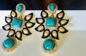 TURQUOISE PEARL CRYSTAL ENAMEL DROP EARRINGS GOLD - Picture 1 of 6