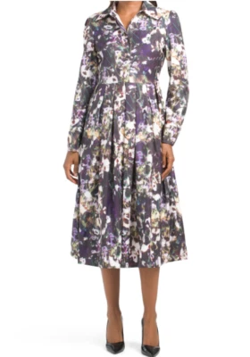 Dalia MacPhee Long Sleeve Floral Dress L Black Collared Button Front Art to Wear - Image 1 of 4