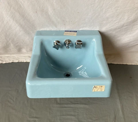 Vtg NOS Cast Iron Cerulean Blue Porcelain Kohler Bath Wall Sink Old 358-23E Cover