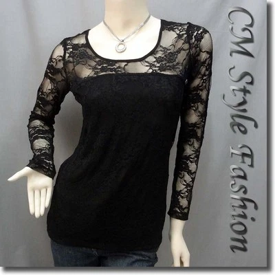 Blusa Top Elegante Floral de Encaje Transparente Transparente Negra XS Foto 1 de 4
