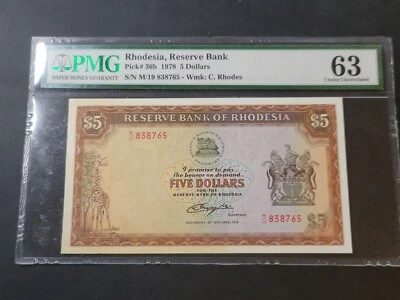 Rhodesia 5 Dollars 1978 36b PMG Choice Uncirculated 63 - Image 1 of 2