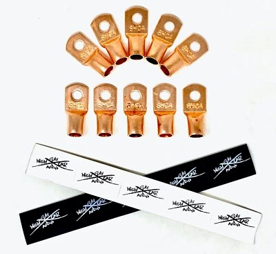 SKY HIGH CAR AUDIO (10) 1/0 Gauge Copper Ring Terminals 3/8" WHITE/BLACK Heat Shrink Tubing LUGS