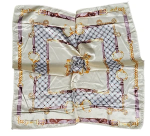 Cream & Gold Designer Chains Print Satin Silky Fashion Small Scarf 50cm Square - Picture 1 of 3