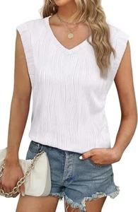 WIHOLL Cap Sleeve V Neck Textured Top V Neck Casual Work Blouse, White, Large - Picture 1 of 5