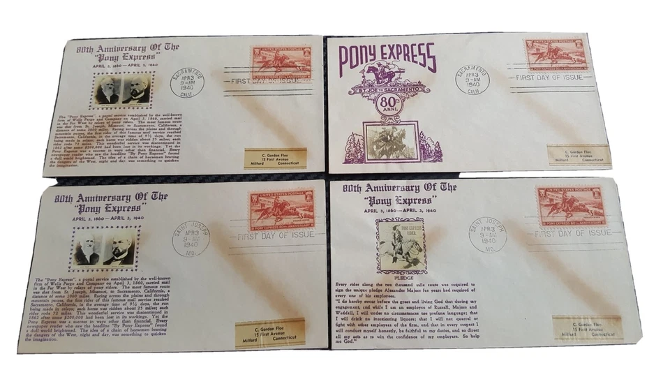 4 Lot: US Stamps 1940 First Day Of Issue 80th Anniversary of The Pony Express - Image 1 of 4