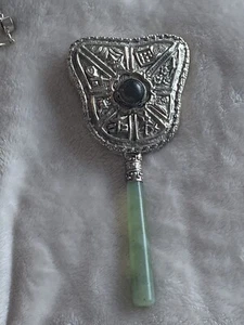 Natural Jade & Tibetan Silver Asian vintage Hand Vanity Mirror - Picture 1 of 3