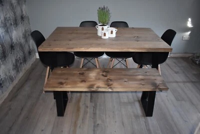 Rustic Handmade Pine Dining Table Set With Bench, Chairs And Trapezium Legs - Image 1 of 4