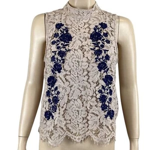 Camicetta top senza maniche in pizzo marrone Haute Monde ricamo blu navy taglia media - Foto 1 di 8