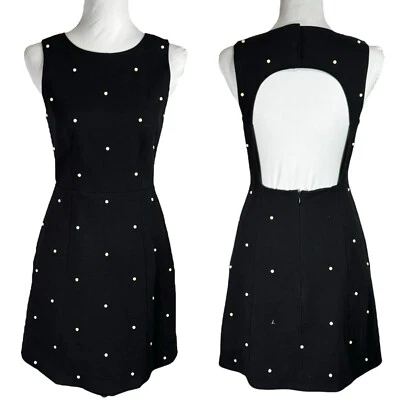 Tibi Black Mini Dress Size 4 Ivory Beaded Cutout Back Polka Dot Sleeveless Retro - Image 1 of 4