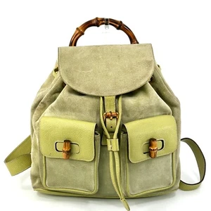 GUCCI Backpack Bag Bamboo Suede Leather Green Auth - Picture 1 of 24