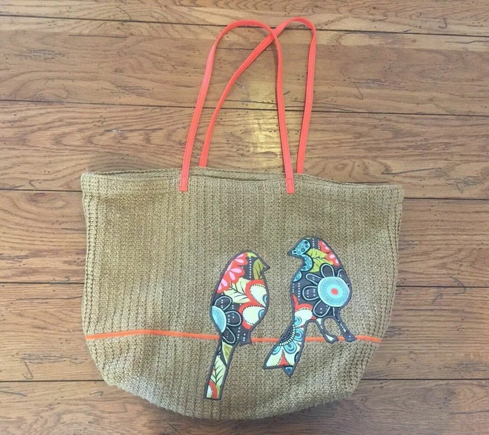 Bolso de Mano de Paja Tejido Vera Bradley Dos Pájaros en un Alambre Bolso de Compras o Playa (37) Foto 1 de 4
