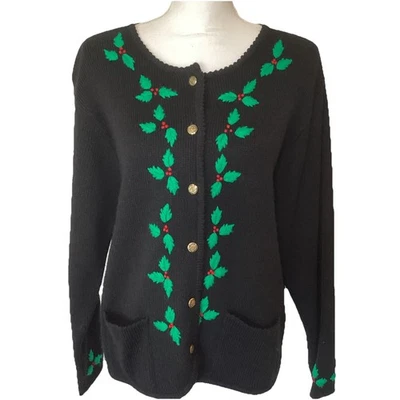 Tally Ho Vintage 90s Christmas Holly Embroidered Button Down Cardigan Size Large - Image 1 of 4