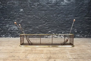 Victorian Brass & Wirework Fire Fender with a Set of Irons ~ Antique Fireplace - Picture 1 of 10