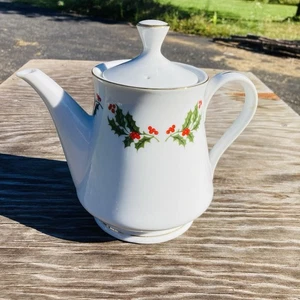 Vintage Weihnachten Stechpalme Teekanne Kaffeeservice & Deckel feines Porzellan Japan 5,5 Tassen - Bild 1 von 13