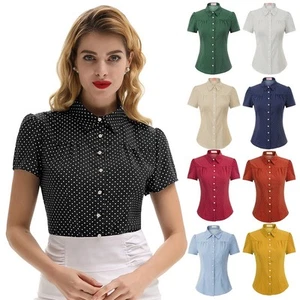 Shirt Square Collar Viscose Button placket Polyester Retro Short Sleeve - Picture 1 of 54