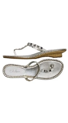 Sandalias de Tanga Cole Haan Acento con Joyas Chanclas Blanco Plata Cuero Talla 7.5 B Foto 1 de 4