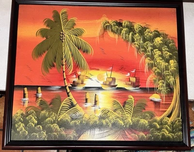 Pintura acrílica firmada original de colección/enmarcada República Dominicana vista al mar naranja Foto 1 de 4