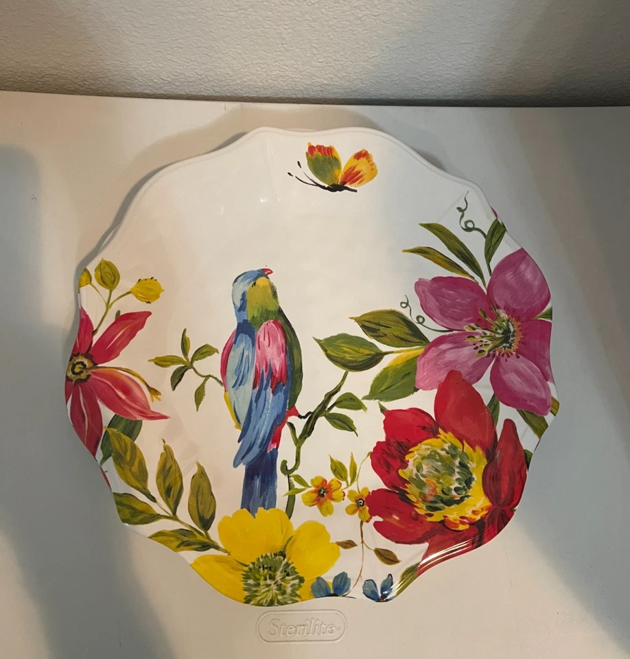 Pier 1 One Imports Floral Birds Melamine Dinner 11” Plate 5 Scallop Edge Vibrant - Image 1 of 4